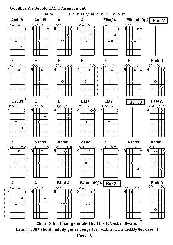 Chord Grids Chart of chord melody fingerstyle guitar song-Goodbye-Air Supply-BASIC Arrangement,generated by LickByNeck software.